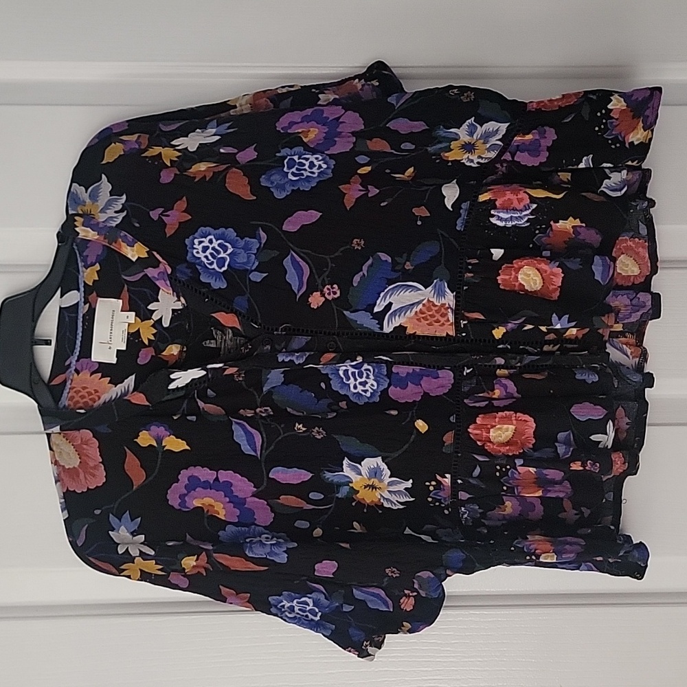 Anthropologie Black Floral Peplum Blouse with Purple, Blue & Red Flowers